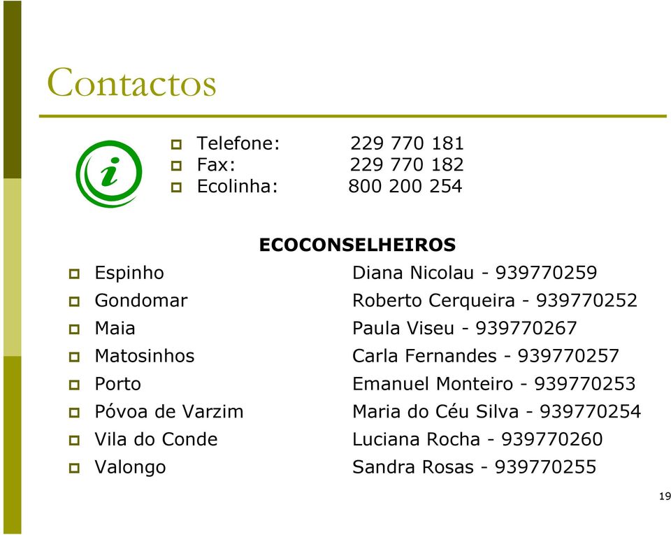 Matosinhos Carla Fernandes - 939770257 Porto Emanuel Monteiro - 939770253 Póvoa de Varzim Maria