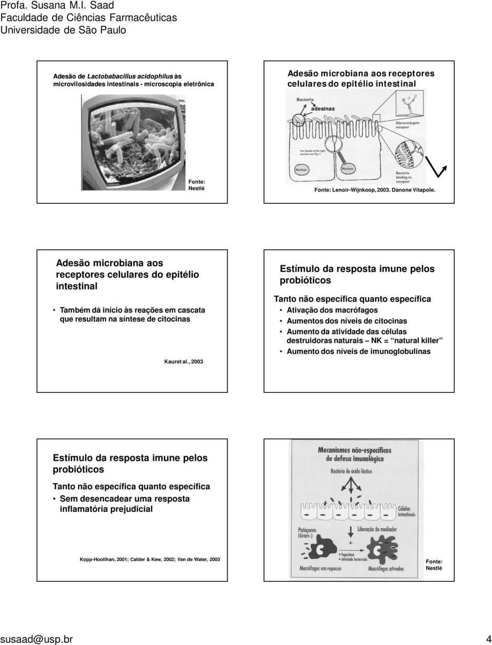 , 2003 Estímulo da resposta imune pelos probióticos Tanto não específica quanto específica Ativação dos macrófagos Aumentos dos níveis de citocinas Aumento da atividade das células destruidoras