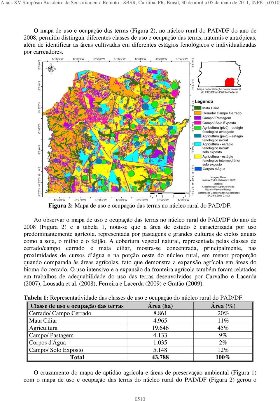 identificar as áreas cultivadas em diferentes estágios fenológicos e individualizadas por carreadores. Figura 2: Mapa de uso e ocupação das terras no núcleo rural do PAD/DF.