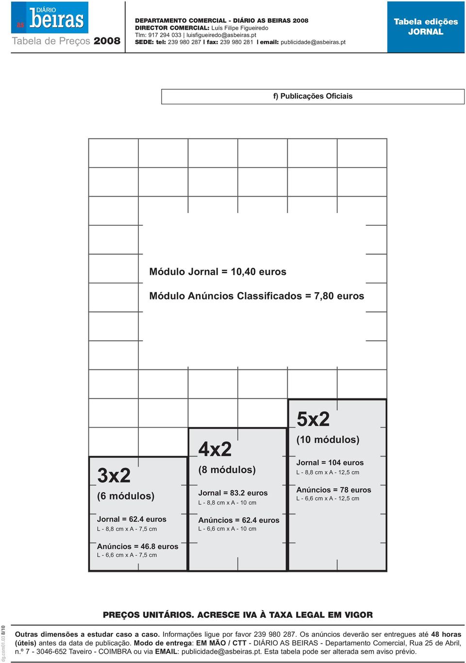 8 euros L - 6,6 cm x A - 7,5 cm 4x2 (8 módulos) Jornal = 83.2 euros L - 8,8 cm x A - 10 cm Anúncios = 62.