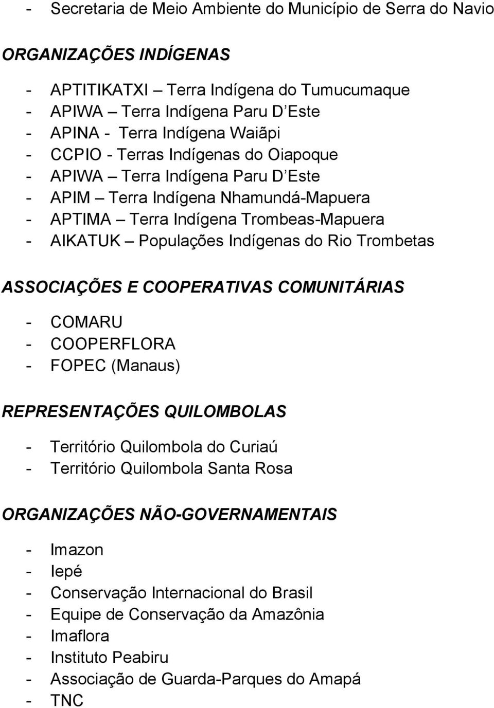 do Rio Trombetas ASSOCIAÇÕES E COOPERATIVAS COMUNITÁRIAS - COMARU - COOPERFLORA - FOPEC (Manaus) REPRESENTAÇÕES QUILOMBOLAS - Território Quilombola do Curiaú - Território Quilombola Santa Rosa