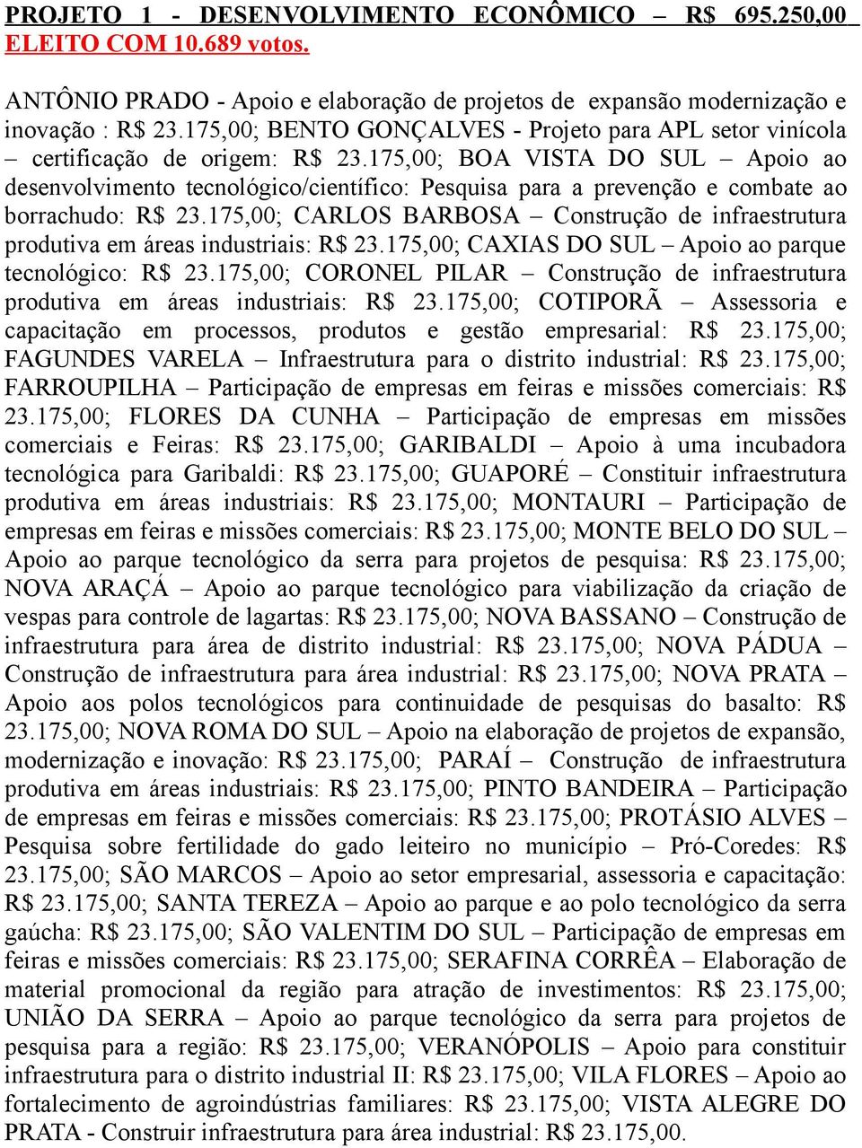 175,00; BOA VISTA DO SUL Apoio ao desenvolvimento tecnológico/científico: Pesquisa para a prevenção e combate ao borrachudo: R$ 23.