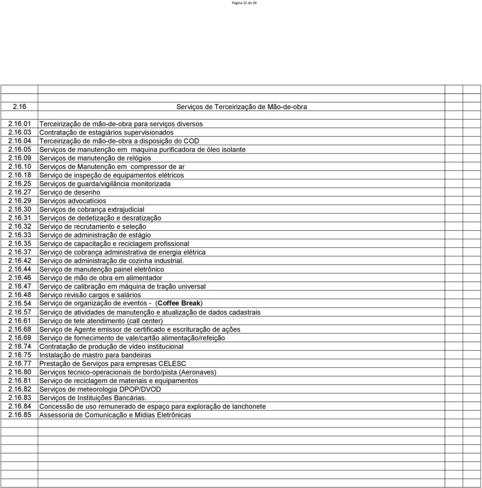 16.25 Serviços de guarda/vigilância monitorizada 2.16.27 Serviço de desenho 2.16.29 Serviços advocatícios 2.16.30 Serviços de cobrança extrajudicial 2.16.31 Serviços de dedetização e desratização 2.