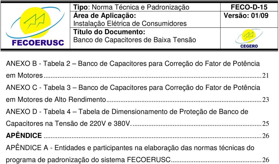 .. 23 ANEXO D - Tabela 4 Tabela de Dimensionamento de Proteção de Banco de Capacitores na Tensão de 220V e 380V.