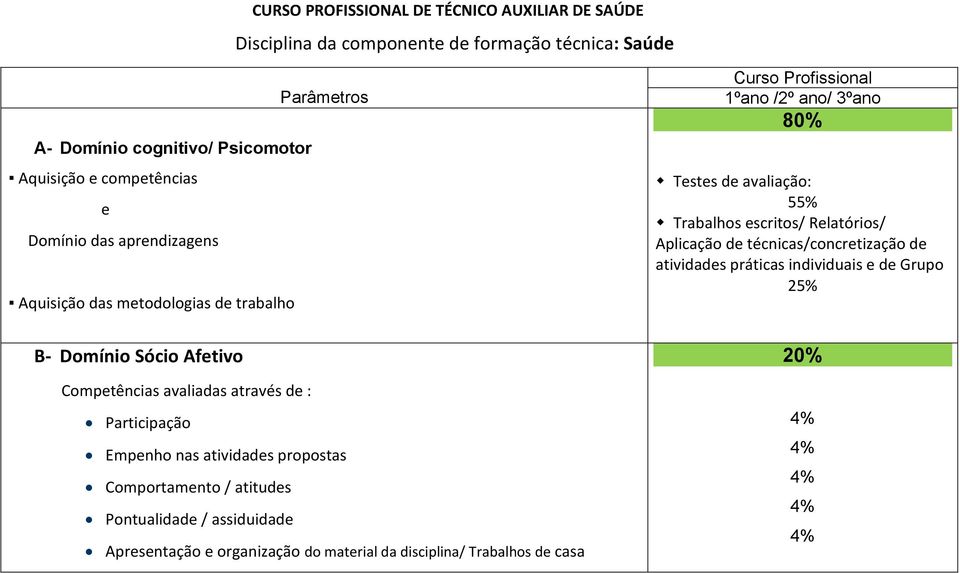 Trabalhos escritos/ Relatórios/ Aplicação de técnicas/concretização de atividades práticas individuais e de Grupo 25% B- Domínio Sócio Afetivo