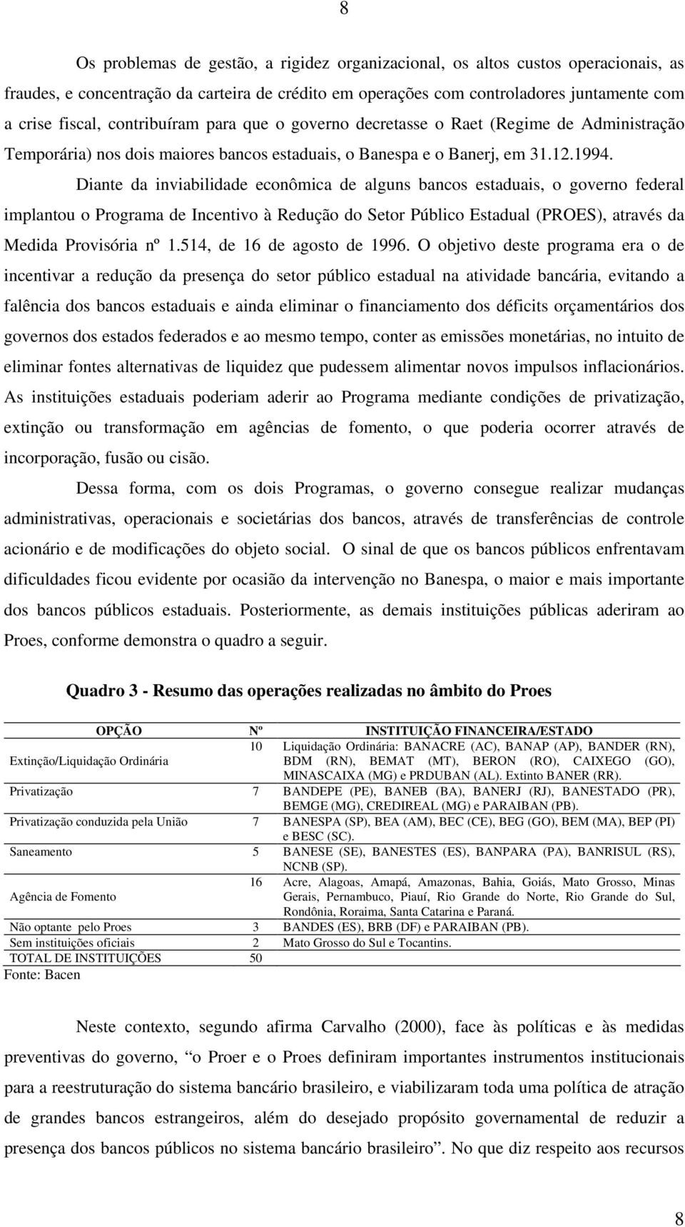 Diante da inviabilidade econômica de alguns bancos estaduais, o governo federal implantou o Programa de Incentivo à Redução do Setor Público Estadual (PROES), através da Medida Provisória nº 1.