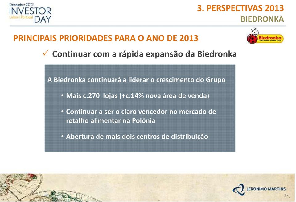 PERSPECTIVAS 2013 BIEDRONKA A Biedronka continuará a liderar o crescimento do Grupo