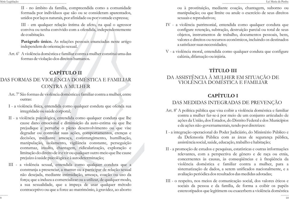 6 A vilência dméstica e familiar cntra a mulher cnstitui uma das frmas de vilaçã ds direits humans. CAPÍTULO II DAS FORMAS DE VIOLÊNCIA DOMÉSTICA E FAMILIAR CONTRA A MULHER 9 Art.