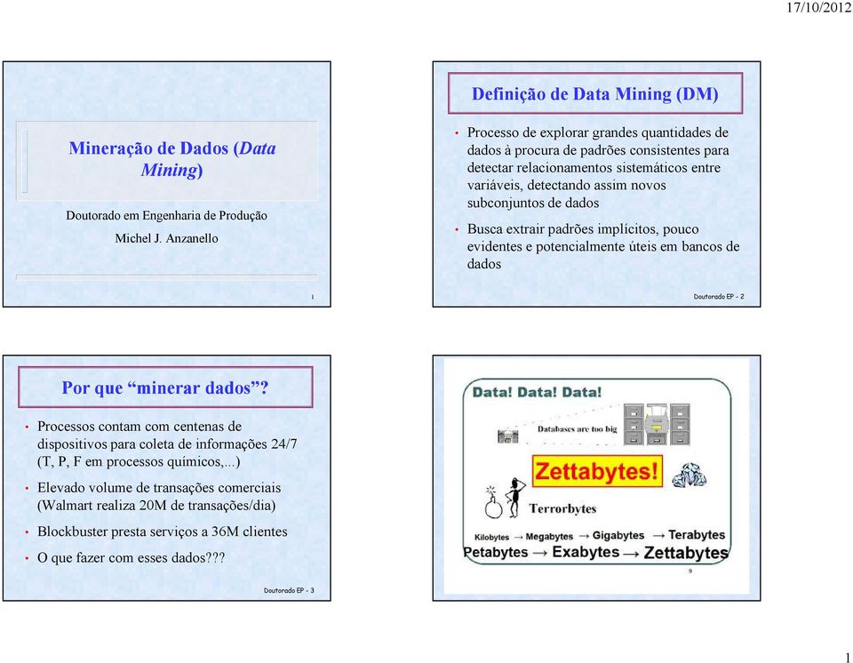 subconjuntos de dados Busca extrair padrões implícitos, pouco evidentes e potencialmente úteis em bancos de dados 1 Doutorado EP - 2 Por que minerar dados?