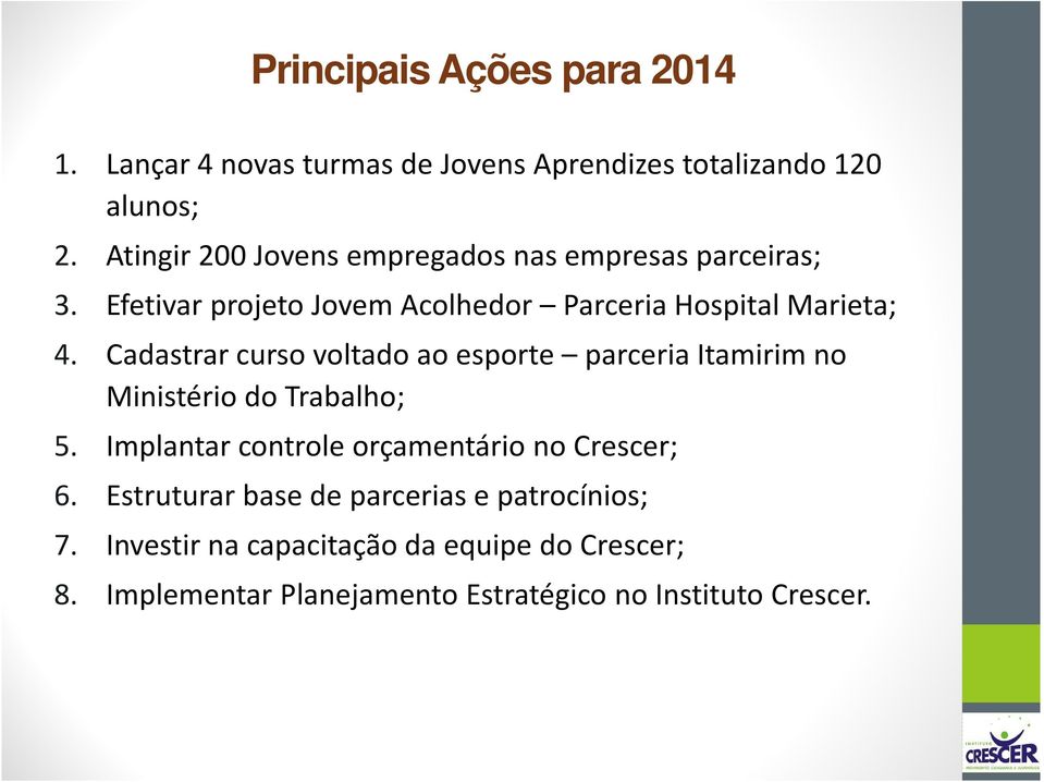 Cadastrar curso voltado ao esporte parceria Itamirimno Ministério do Trabalho; 5.