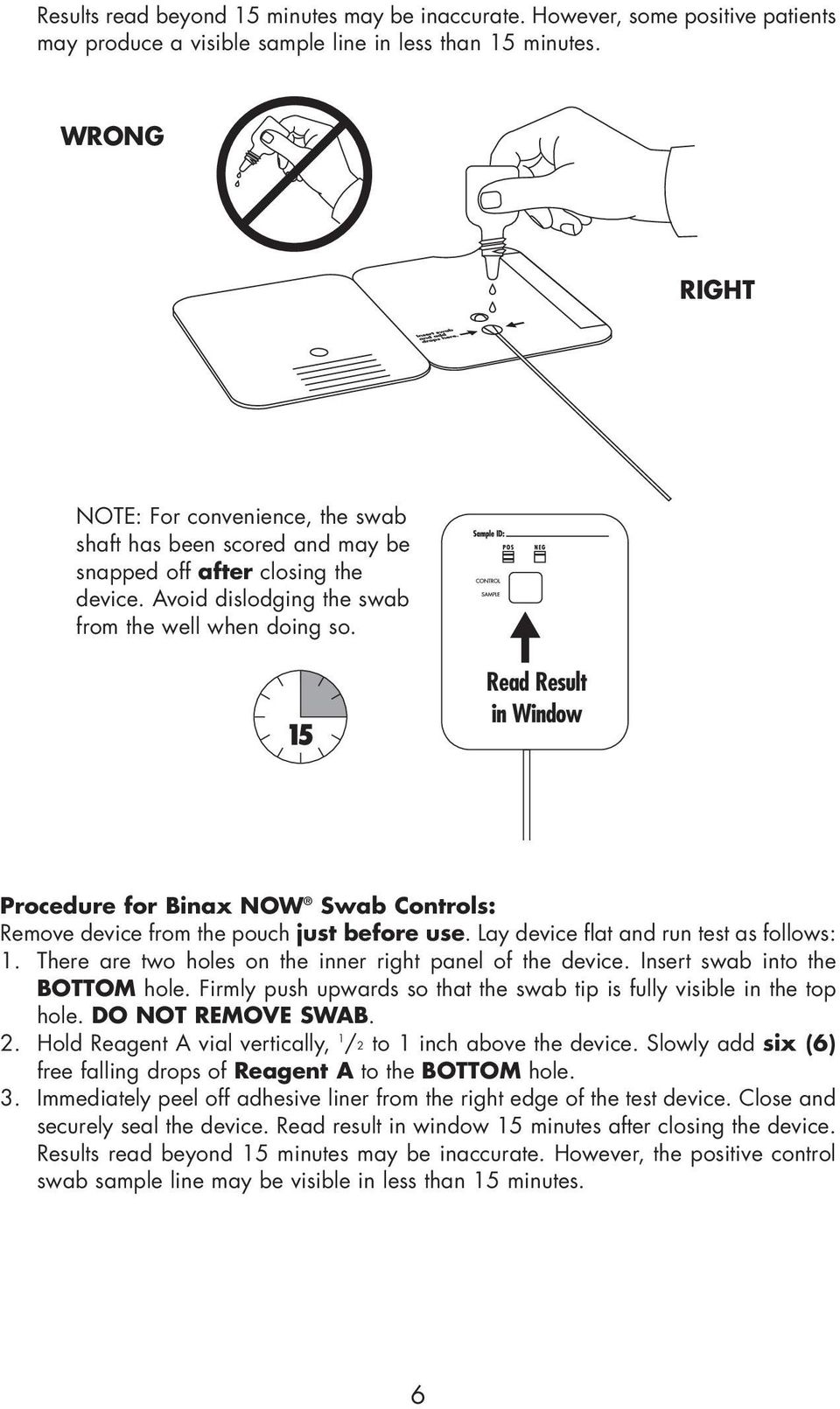 Read Result in Window Procedure for Binax NOW Swab Controls: Remove device from the pouch just before use. Lay device flat and run test as follows: 1.