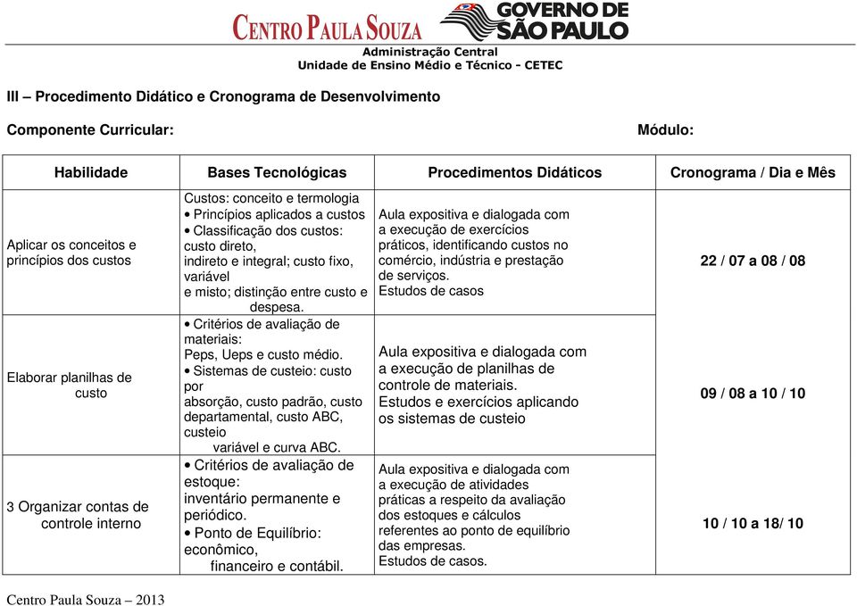 custo fixo, variável e misto; distinção entre custo e despesa. Critérios de avaliação de materiais: Peps, Ueps e custo médio.