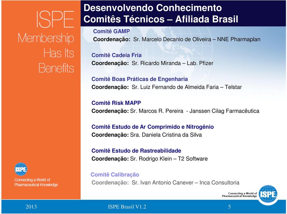 Pfizer Comitê Boas Práticas de Engenharia Coordenação: Sr. Luiz Fernando de Almeida Faria Telstar Comitê Risk MAPP Coordenação: Sr. Marcos R.