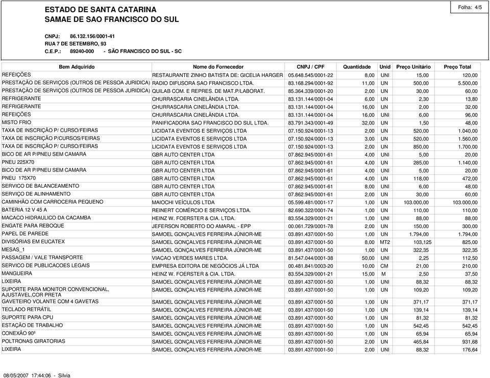 TAXA DE INSCRIÇÃO P/ CURSO/FEIRAS TAXA DE INSCRIÇÃO P/CURSOS/FEIRAS TAXA DE INSCRIÇÃO P/ CURSO/FEIRAS BICO DE AR P/PNEU SEM CAMARA PNEU 225X70 BICO DE AR P/PNEU SEM CAMARA PNEU 175X70 SERVICO DE