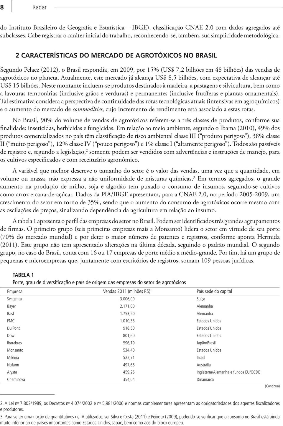 2 CARACTERÍSTICAS DO MERCADO DE AGROTÓXICOS NO BRASIL Segundo Pelaez (2012), o Brasil respondia, em 2009, por 15% (US$ 7,2 bilhões em 48 bilhões) das vendas de agrotóxicos no planeta.