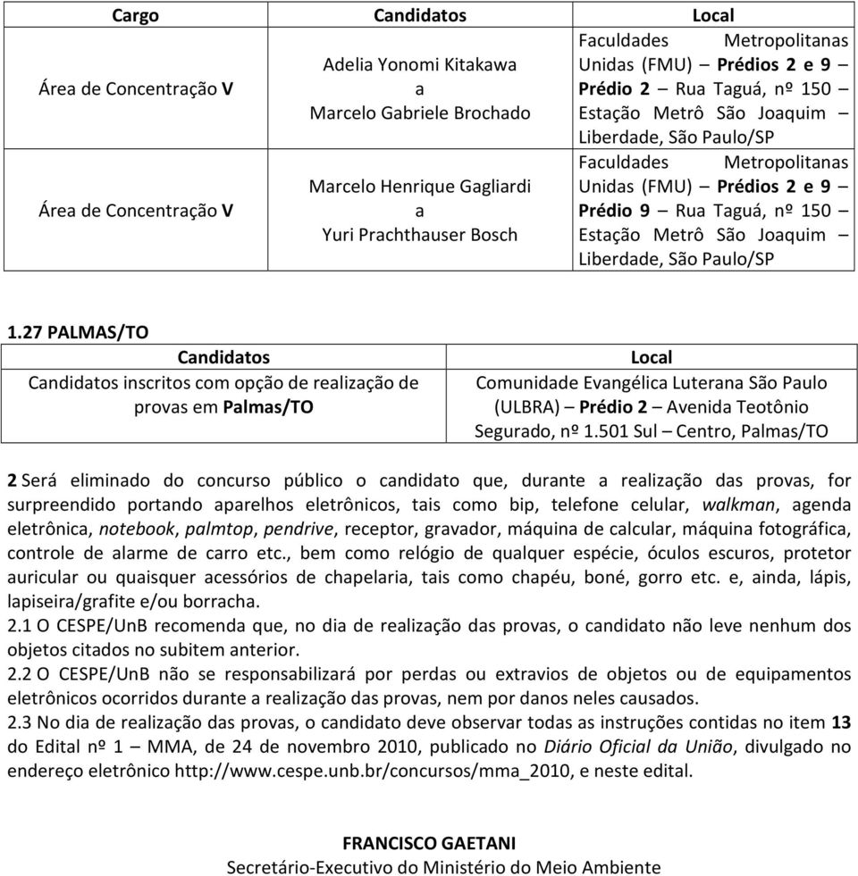 27 PALMAS/TO Cndidtos Cndidtos inscritos com opção de relizção de provs em Plms/TO Locl Comunidde Evngélic Lutern São Pulo (ULBRA) Prédio 2 Avenid Teotônio Segurdo, nº 1.