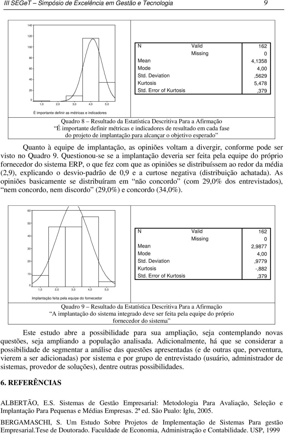 de resultado em cada fase do projeto de implantação para alcançar o objetivo esperado Quanto à equipe de implantação, as opiniões voltam a divergir, conforme pode ser visto no Quadro 9.