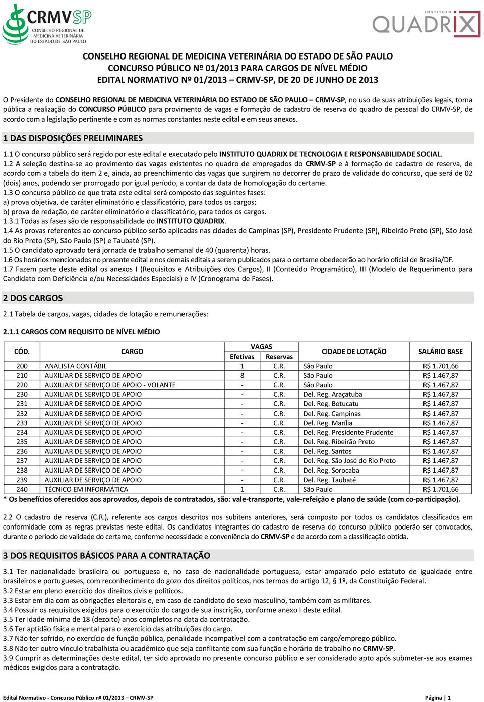 cadastro de reserva do quadro de pessoal do CRMV SP, de acordo com a legislação pertinente e com as normas constantes neste edital e em seus anexos. 1 DAS DISPOSIÇÕES PRELIMINARES 1.