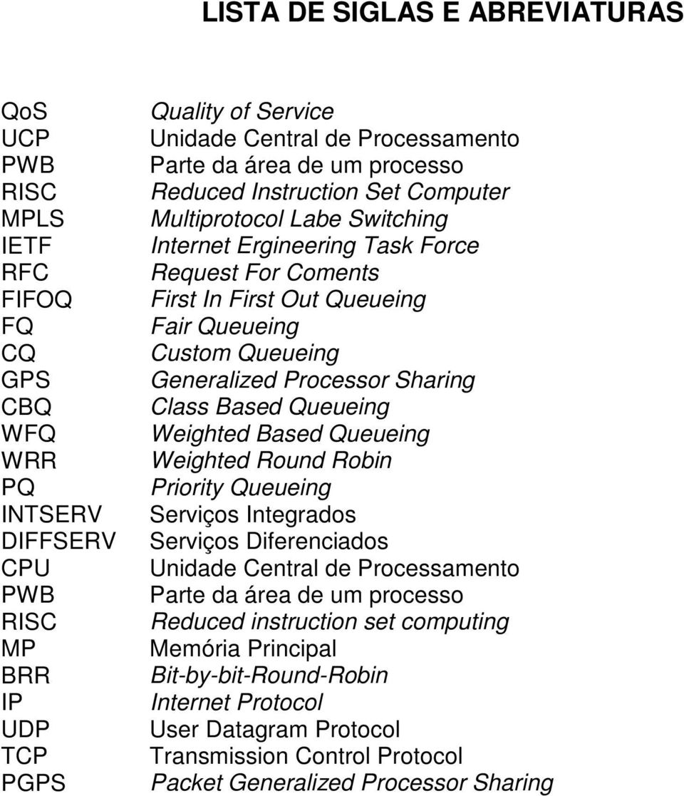 Custom Queueing Generalized Processor Sharing Class Based Queueing Weighted Based Queueing Weighted Round Robin Priority Queueing Serviços Integrados Serviços Diferenciados Unidade Central de