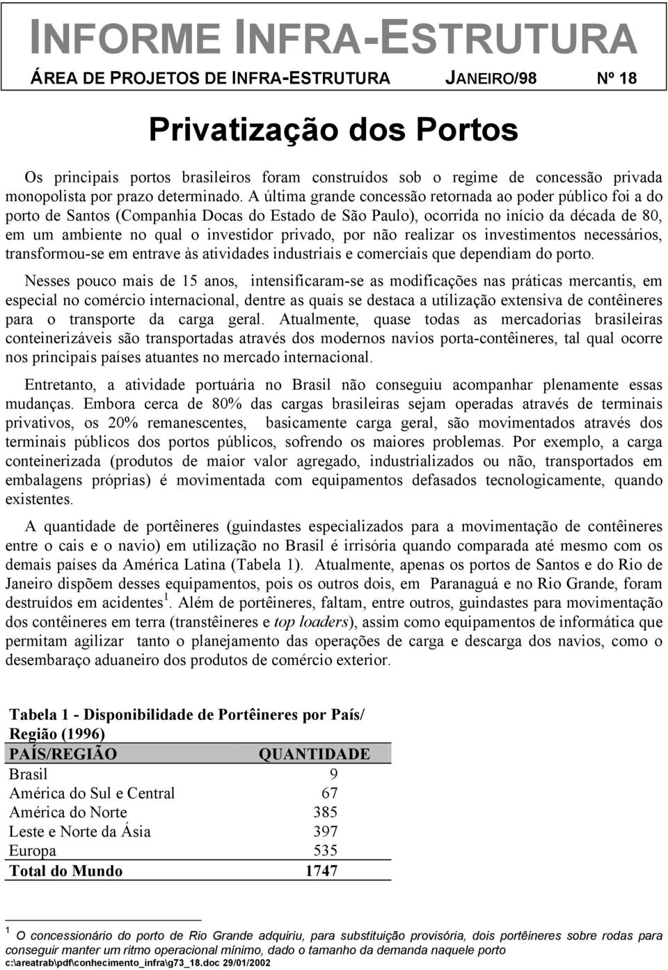 A última grande concessão retornada ao poder público foi a do porto de Santos (Companhia Docas do Estado de São Paulo), ocorrida no início da década de 80, em um ambiente no qual o investidor