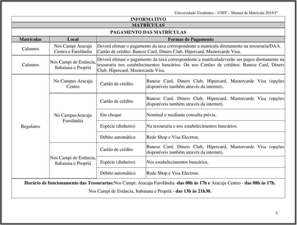 Calouros Nos Campi de Estância, Itabaiana e Propriá Deverá efetuar o pagamento da taxa correspondente a matrículadeverão ser pagos diretamente na tesouraria nos estabelecimentos bancários.