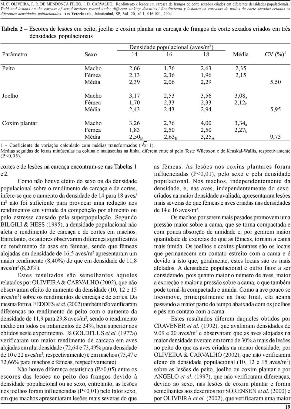 cortes e de lesões na carcaça encontram-se nas Tabelas 1 e 2.