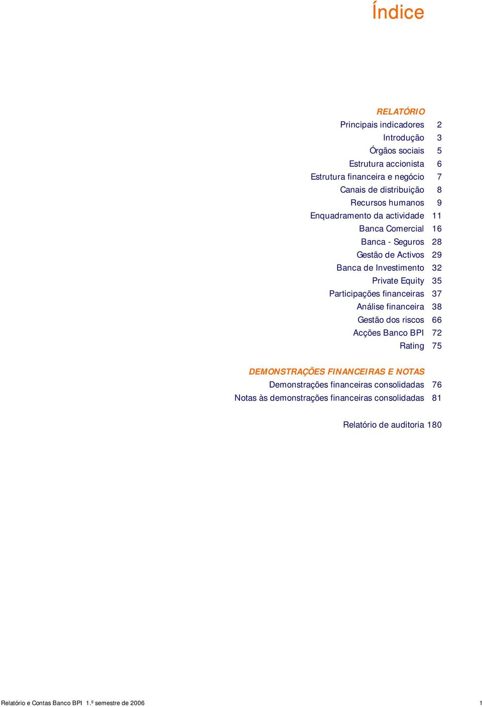 Participações financeiras 37 Análise financeira 38 Gestão dos riscos 66 Acções Banco BPI 72 Rating 75 DEMONSTRAÇÕES FINANCEIRAS E NOTAS Demonstrações