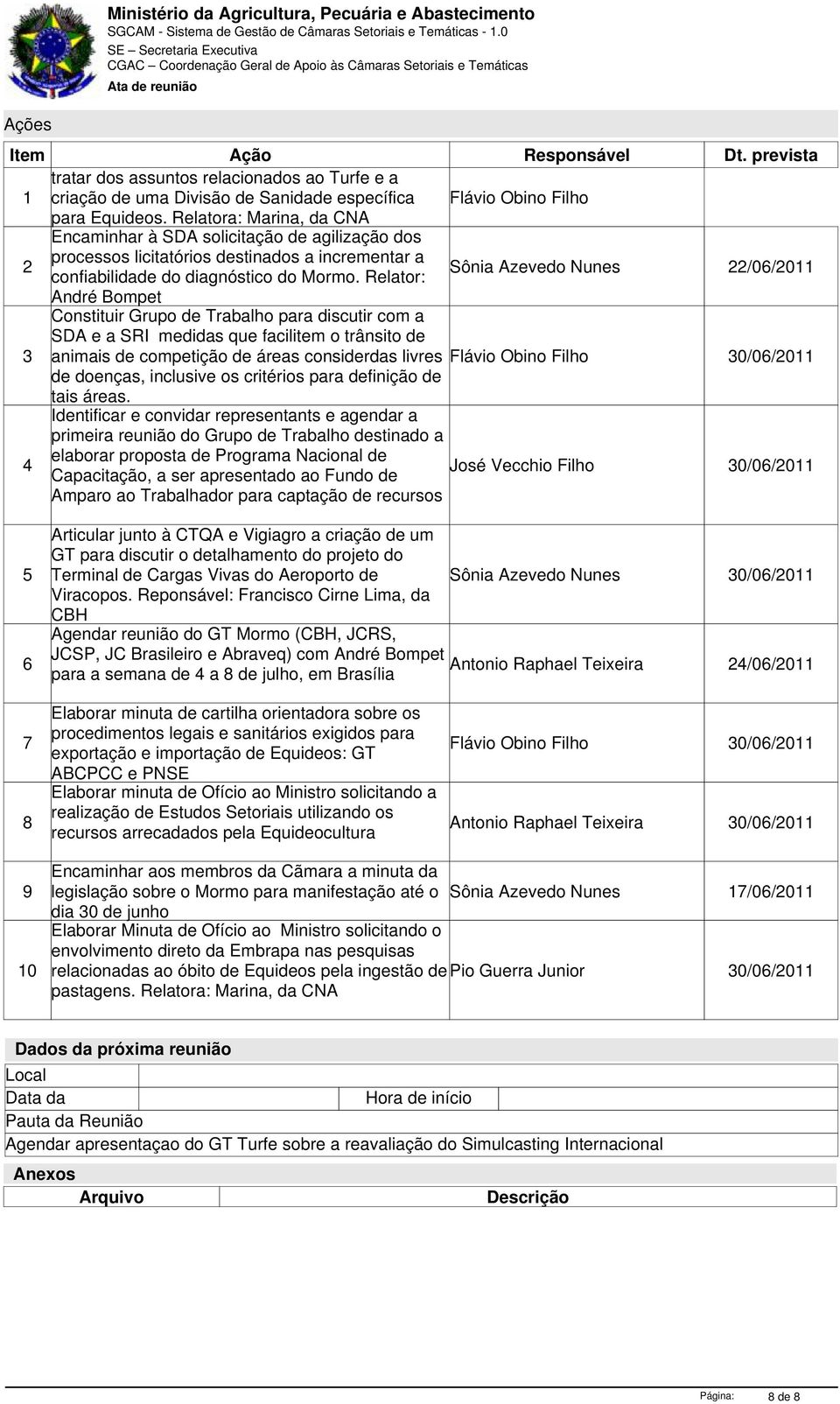 Relator: Sônia Azevedo Nunes André Bompet Constituir Grupo de Trabalho para discutir com a SDA e a SRI medidas que facilitem o trânsito de 3 animais de competição de áreas considerdas livres Flávio