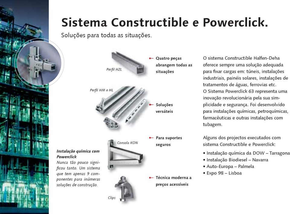 industriais, painéis solares, instalações de tratamentos de águas, ferrovias etc. O Sistema Powerclick 63 representa uma inovação revolucionária pela sua simplicidade e segurança.