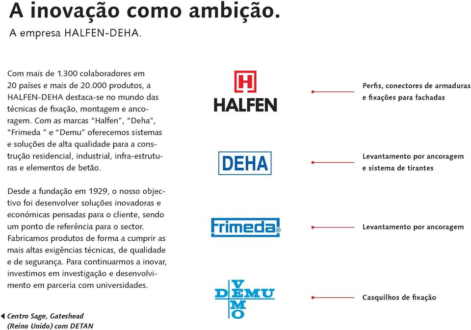 Perfis, conectores de armaduras e fixações para fachadas Levantamento por ancoragem e sistema de tirantes Desde a fundação em 1929, o nosso objectivo foi desenvolver soluções inovadoras e económicas