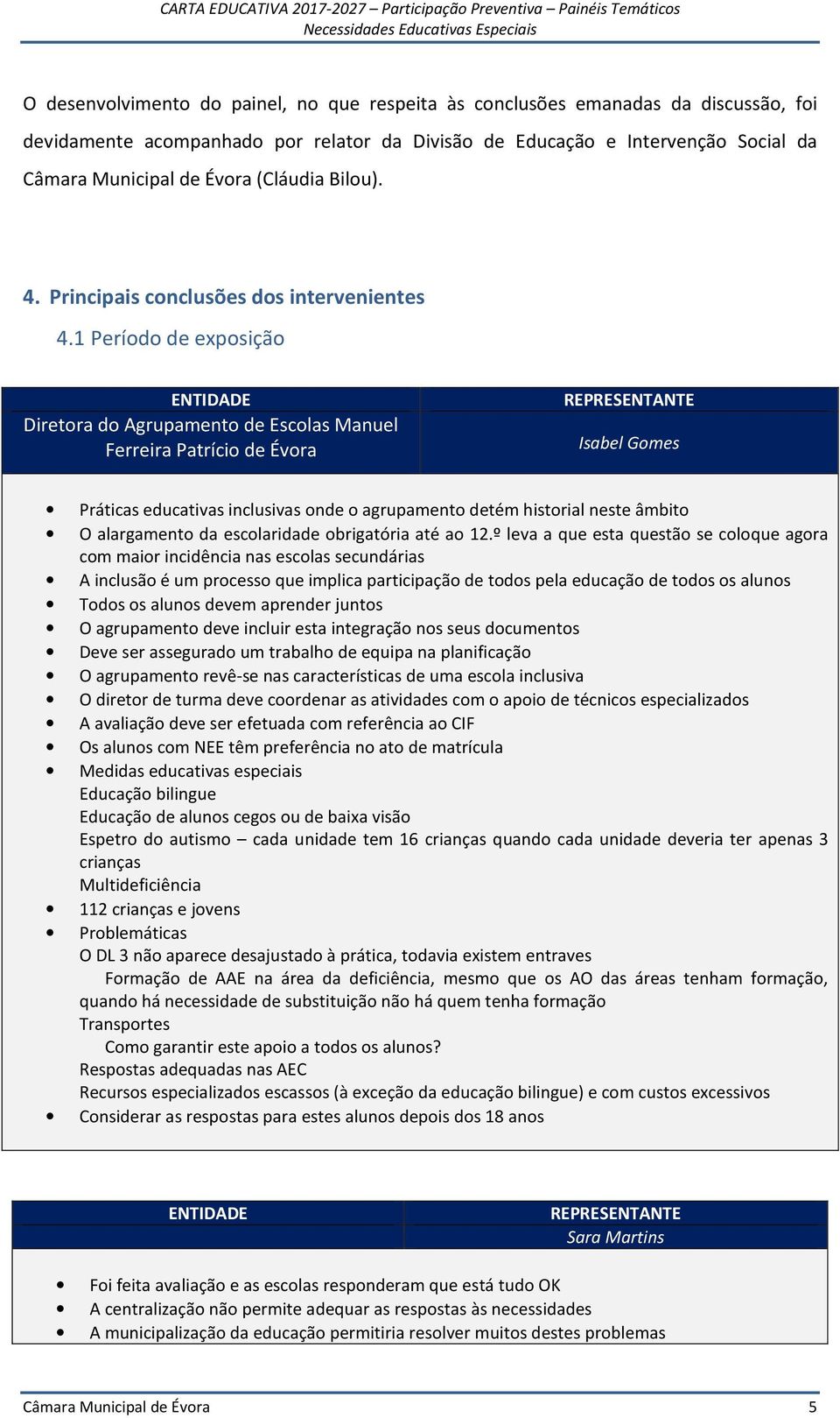 1 Período de exposição Diretora do Agrupamento de Escolas Manuel Ferreira Patrício de Évora Isabel Gomes Práticas educativas inclusivas onde o agrupamento detém historial neste âmbito O alargamento