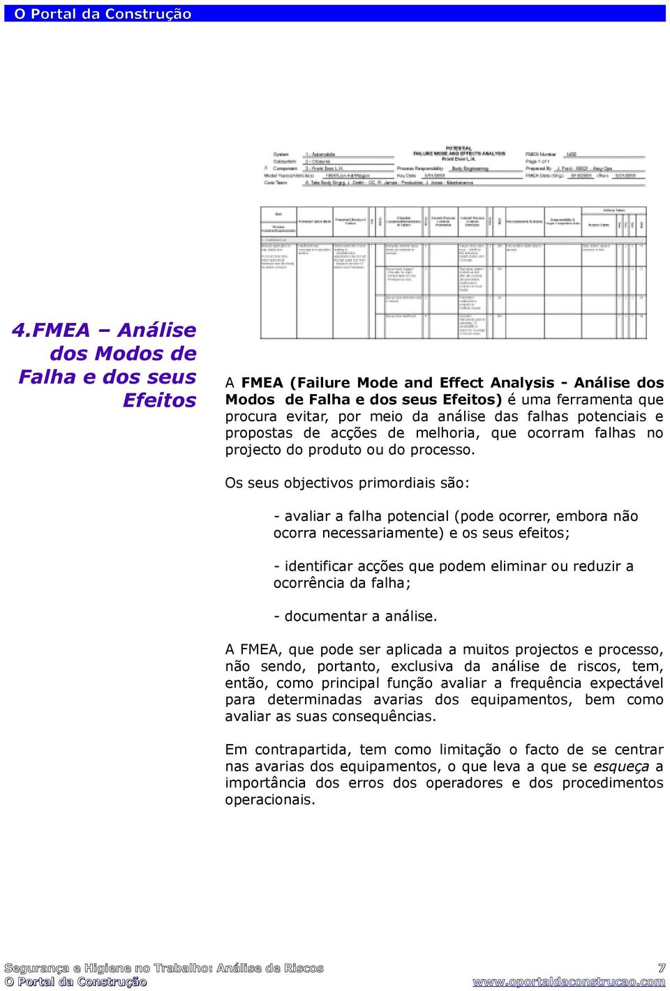 Os seus objectivos primordiais são: - avaliar a falha potencial (pode ocorrer, embora não ocorra necessariamente) e os seus efeitos; - identificar acções que podem eliminar ou reduzir a ocorrência da