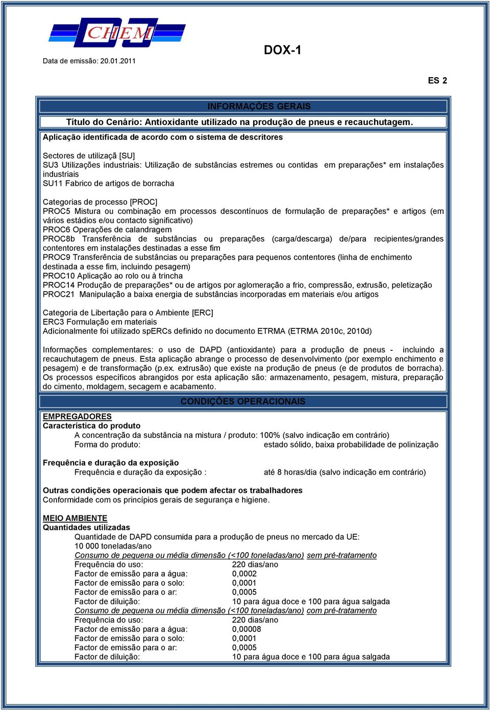 industriais SU11 Fabrico de artigos de borracha Categorias de processo [PROC] PROC5 Mistura ou combinação em processos descontínuos de formulação de preparações* e artigos (em vários estádios e/ou