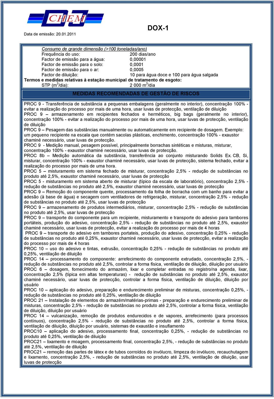 hora, usar luvas de protecção, ventilação de diluição PROC 9 armazenamento em recipientes fechados e herméticos, big bags (geralmente no interior), concentração 100% - evitar a realização do processo