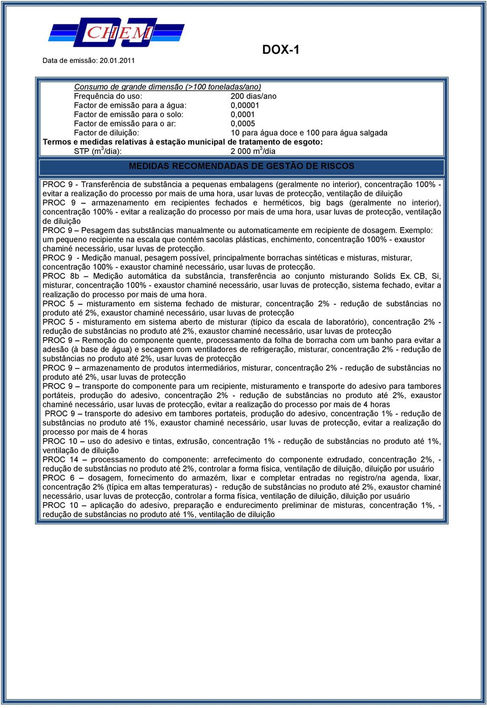 hora, usar luvas de protecção, ventilação de diluição PROC 9 armazenamento em recipientes fechados e herméticos, big bags (geralmente no interior), concentração 100% - evitar a realização do processo