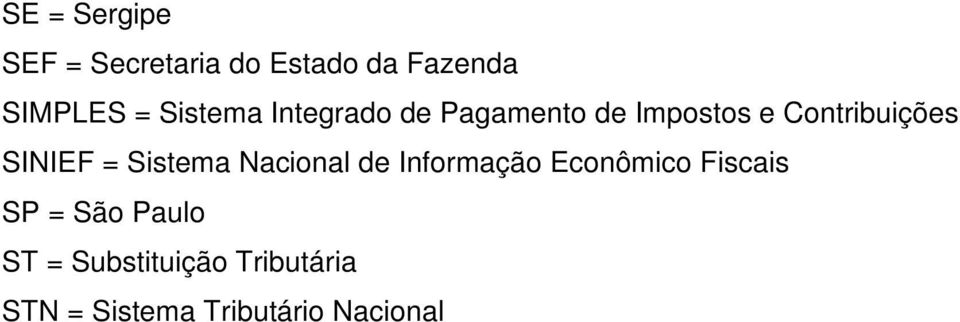 SINIEF = Sistema Nacional de Informação Econômico Fiscais SP =