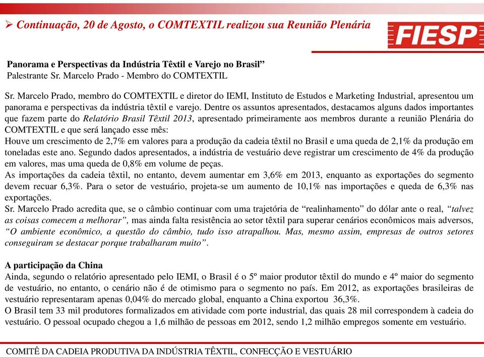 Dentre os assuntos apresentados, destacamos alguns dados importantes que fazem parte do Relatório Brasil Têxtil 2013, apresentado primeiramente aos membros durante a reunião Plenária do COMTEXTIL e