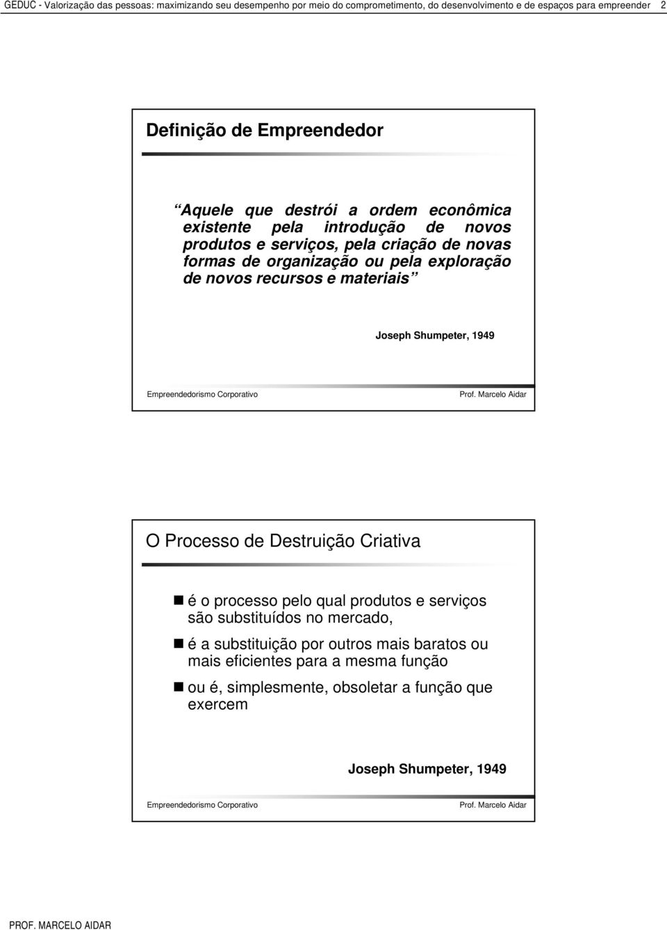 exploração de novos recursos e materiais Joseph Shumpeter, 1949 O Processo de Destruição Criativa é o processo pelo qual produtos e serviços são substituídos