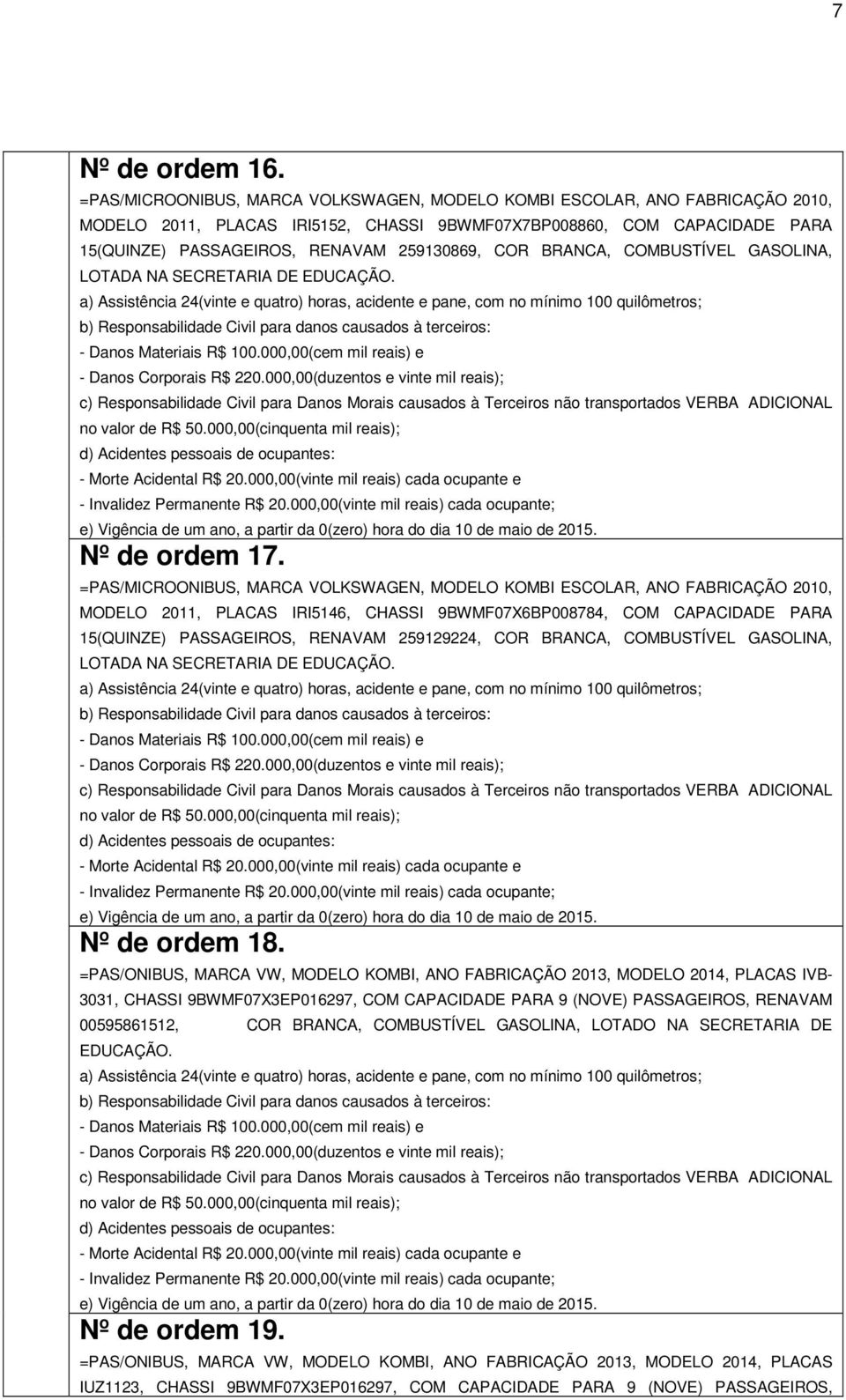 COR BRANCA, COMBUSTÍVEL GASOLINA, LOTADA NA SECRETARIA DE EDUCAÇÃO. a) Assistência 24(vinte e quatro) horas, acidente e pane, com no mínimo 100 quilômetros; - Danos Corporais R$ 220.