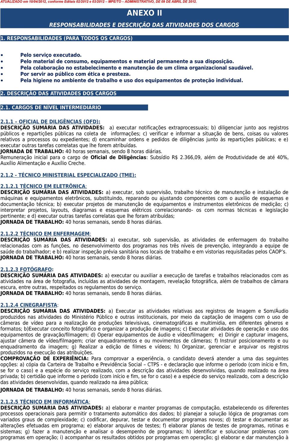 Por servir ao público com ética e presteza. Pela higiene no ambiente de trabalho e uso dos equipamentos de proteção individual. 2. DESCRIÇÃO DAS ATIVIDADES DOS CARGOS 2.1.