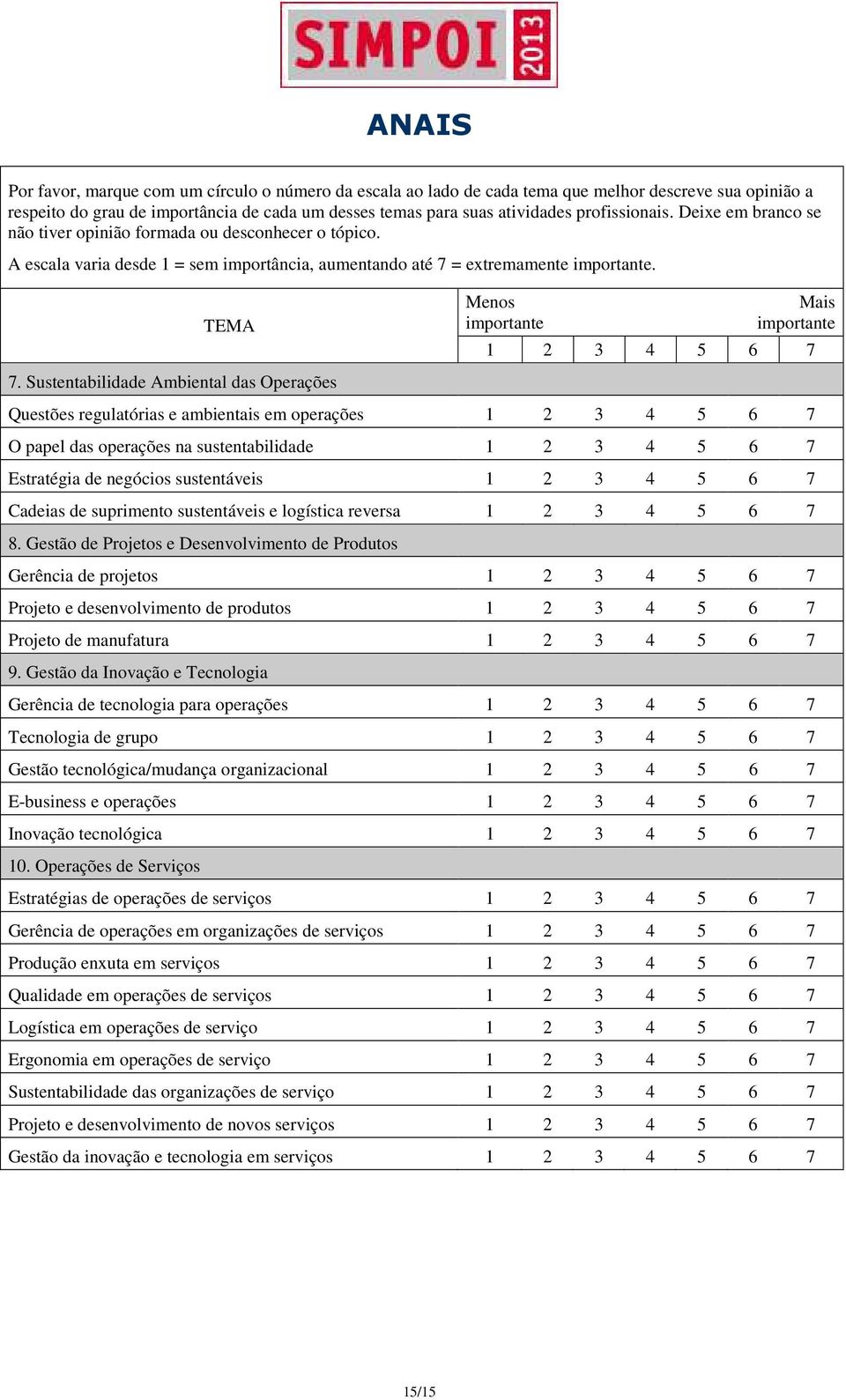 Sustentabilidade Ambiental das Operações Menos importante Mais importante 1 2 3 4 5 6 7 Questões regulatórias e ambientais em operações 1 2 3 4 5 6 7 O papel das operações na sustentabilidade 1 2 3 4