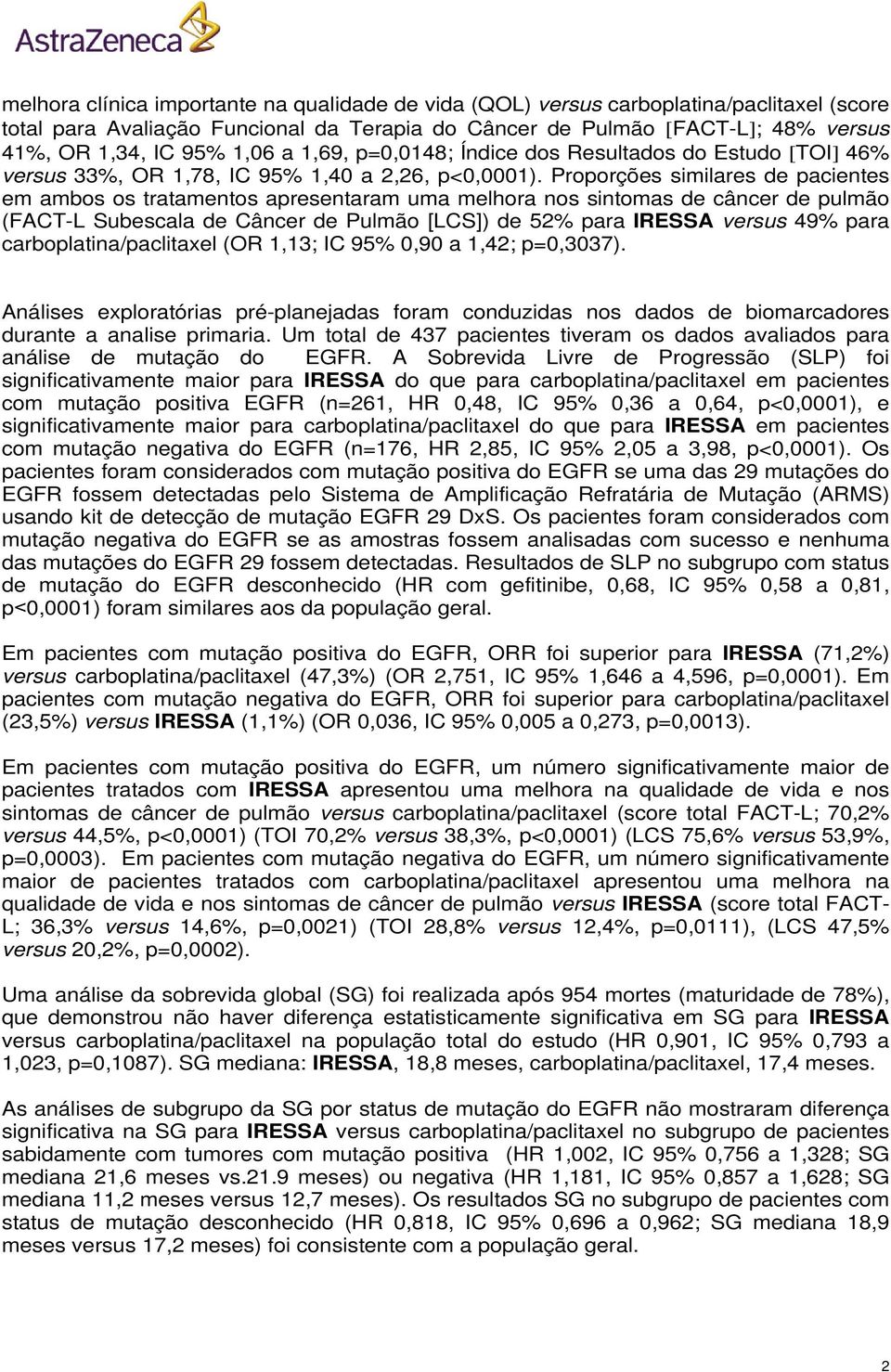 Proporções similares de pacientes em ambos os tratamentos apresentaram uma melhora nos sintomas de câncer de pulmão (FACT-L Subescala de Câncer de Pulmão [LCS]) de 52% para IRESSA versus 49% para