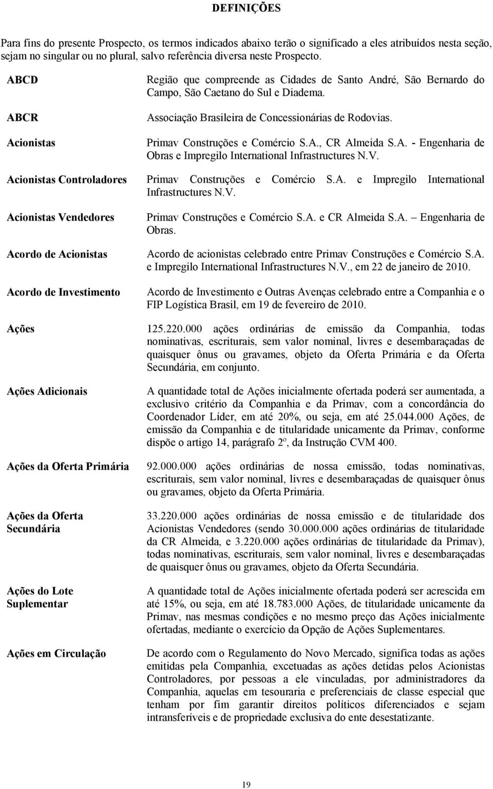 Sul e Diadema. Associação Brasileira de Concessionárias de Rodovias. Primav Construções e Comércio S.A., CR Almeida S.A. - Engenharia de Obras e Impregilo International Infrastructures N.V.