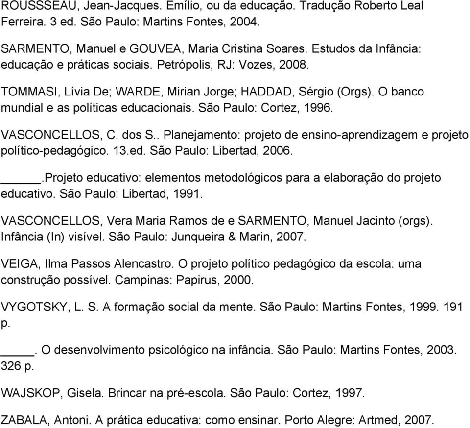 São Paulo: Cortez, 1996. VASCONCELLOS, C. dos S.. Planejamento: projeto de ensino-aprendizagem e projeto político-pedagógico. 13.ed. São Paulo: Libertad, 2006.