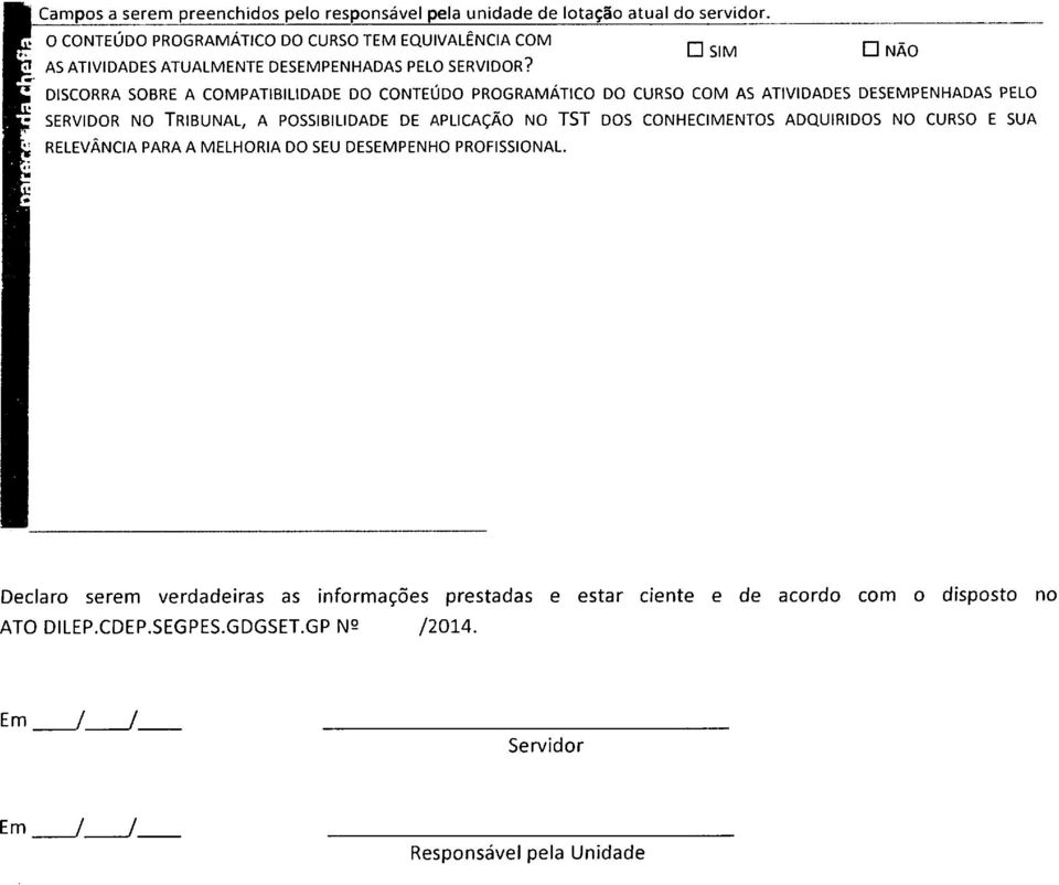 DISCORRA SOBRE A COMPATIBILIDADE DO CONTEÚDO PROGRAMÁTICO DO CURSO COM AS ATIVIDADES DESEMPENHADAS PELO SERVIDOR NO TRIBUNAL, A POSSIBILIDADE DE APLICAÇÃO NO TST