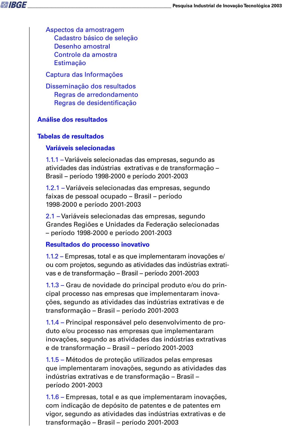 1.1 Variáveis selecionadas das empresas, segundo as atividades das indústrias extrativas e de transformação Brasil período 1998-20