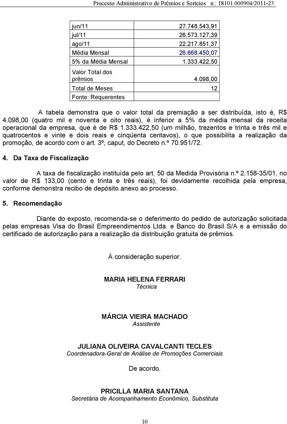 098,00 (quatro mil e noventa e oito reais), é inferior a 5% da média mensal da receita operacional da empresa, que é de R$ 1.333.