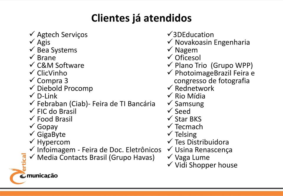 Eletrônicos Media Contacts Brasil (Grupo Havas) 3DEducation Novakoasin Engenharia Nagem Oficesol Plano Trio (Grupo WPP)