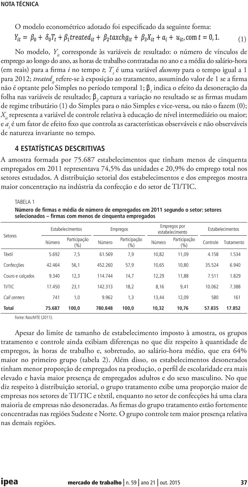 valor de 1 se a firma não é optante pelo Simples no período temporal 1; 1 indica o efeito da desoneração da folha nas variáveis de resultado; 2 captura a variação no resultado se as firmas mudam de