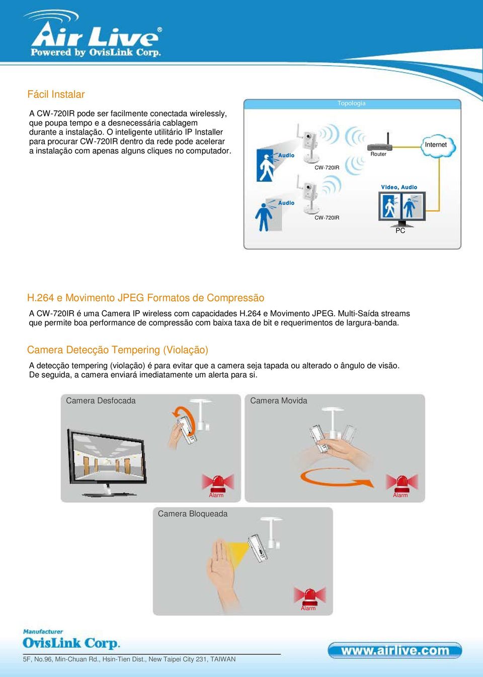 264 e Movimento JPEG Formatos de Compressão A CW-720IR é uma Camera IP wireless com capacidades H.264 e Movimento JPEG. Multi-Saída streams que permite boa performance de compressão com baixa taxa de bit e requerimentos de largura-banda.